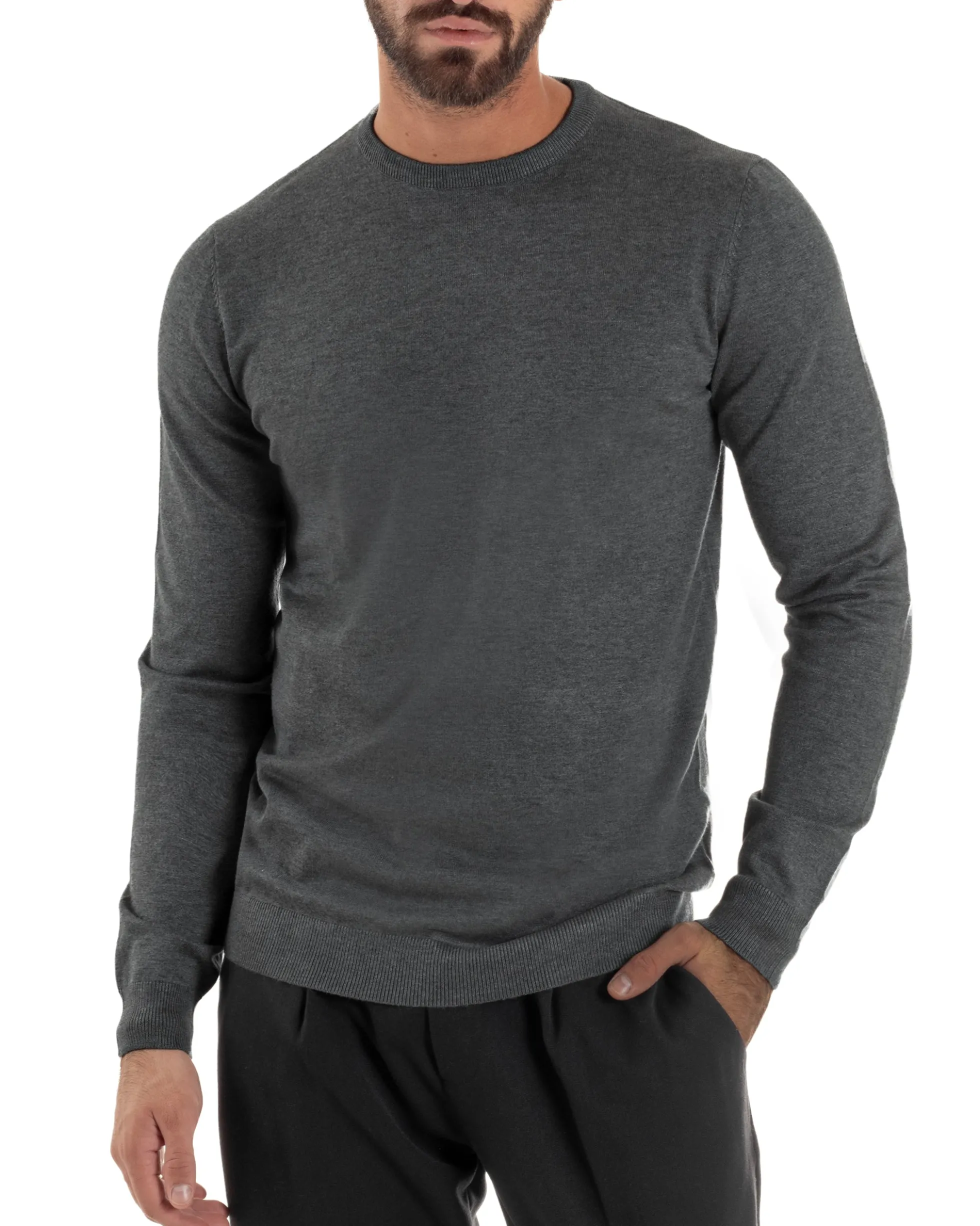 Maglioncino Uomo Girocollo Maglia Rasata Basic Grigio Scuro M2500A