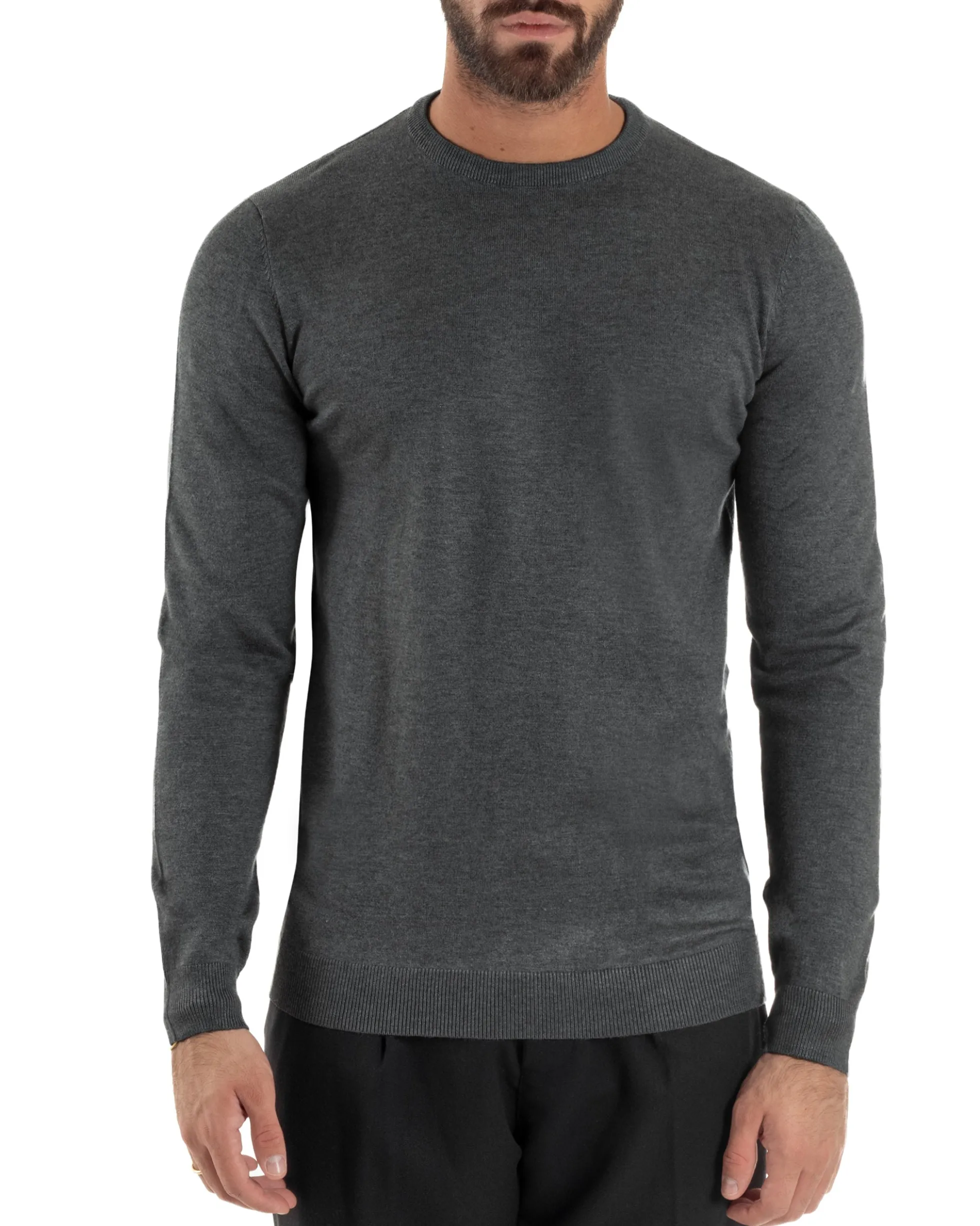 Maglioncino Uomo Girocollo Maglia Rasata Basic Grigio Scuro M2500A