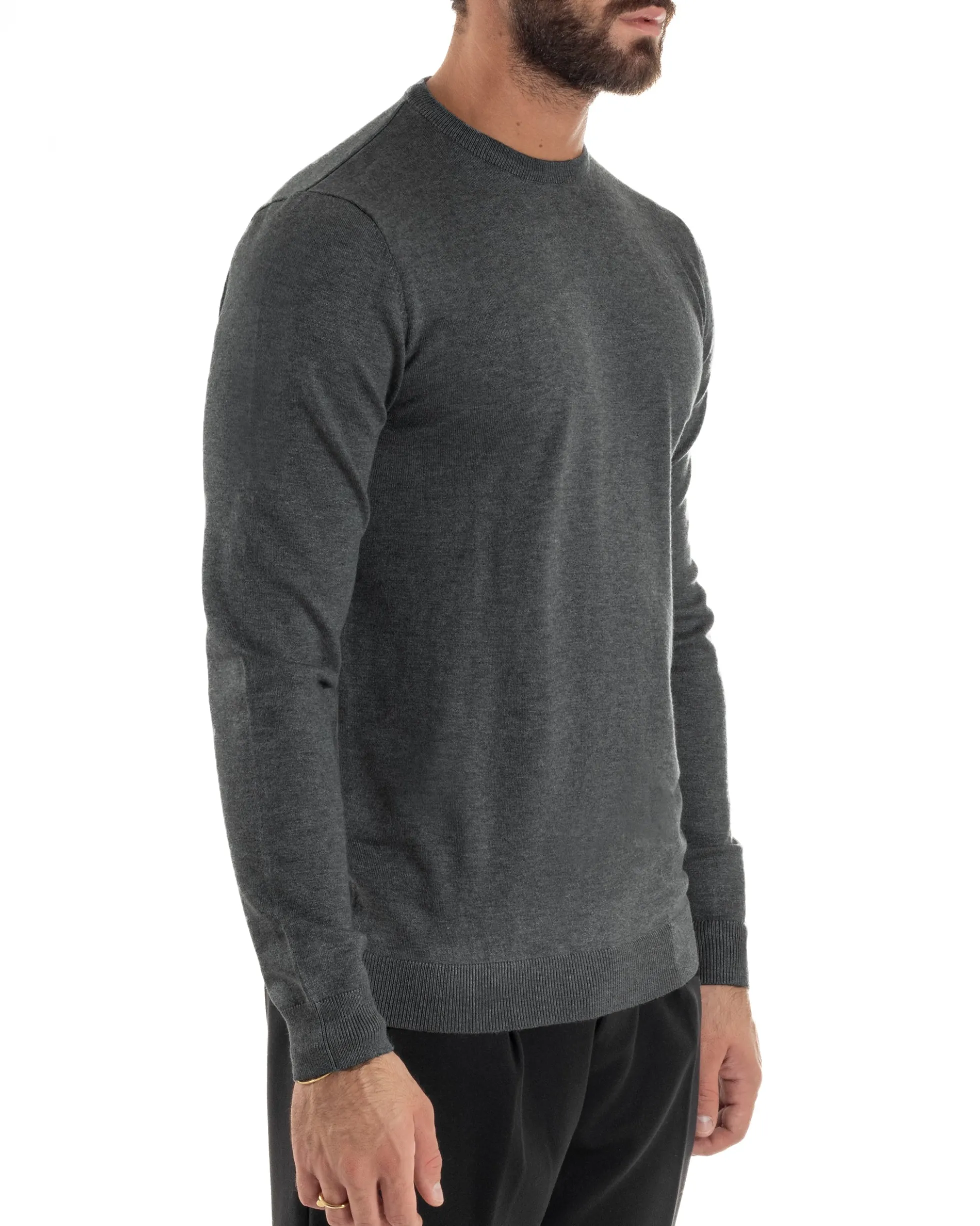 Maglioncino Uomo Girocollo Maglia Rasata Basic Grigio Scuro M2500A