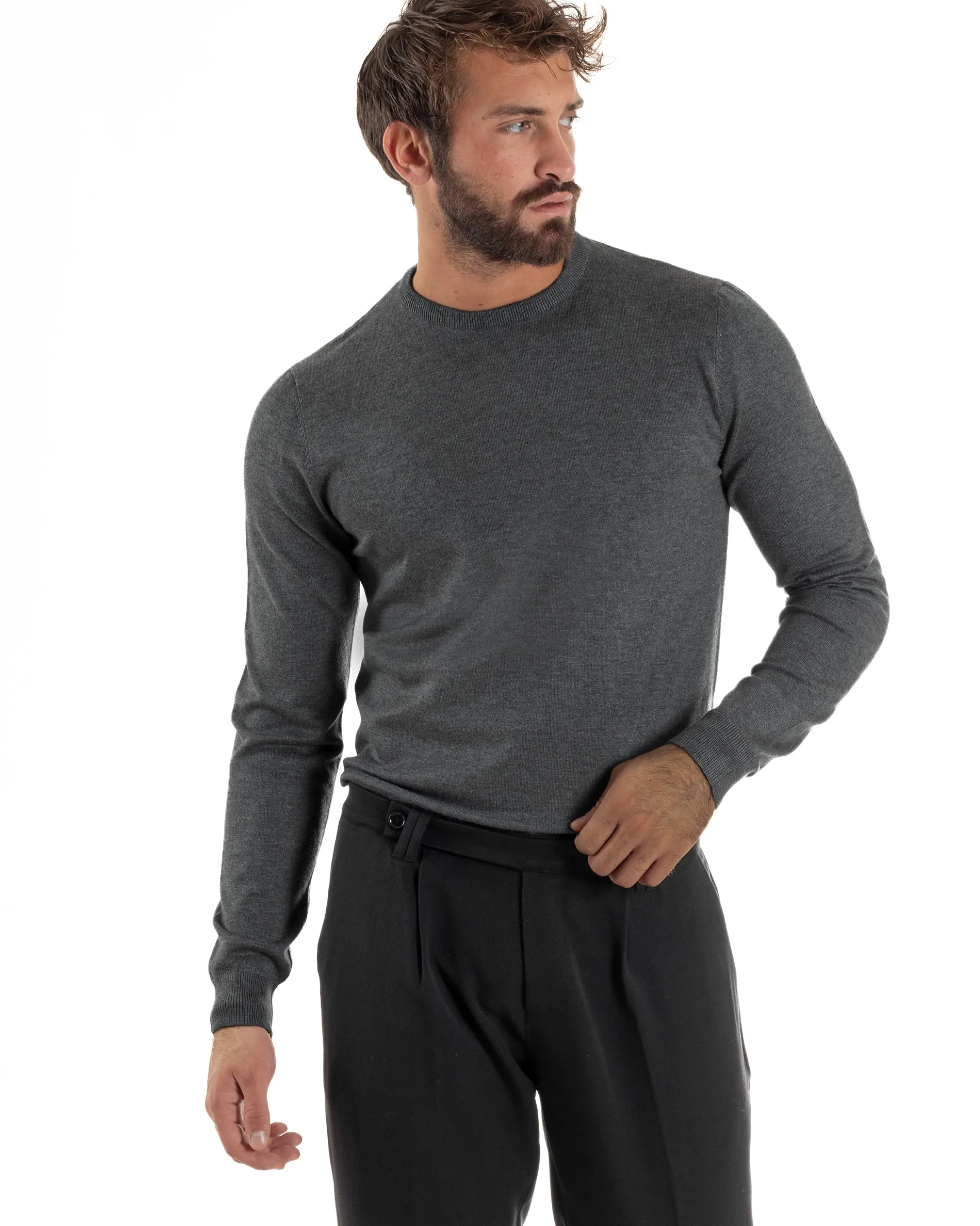 Maglioncino Uomo Girocollo Maglia Rasata Basic Grigio Scuro M2500A