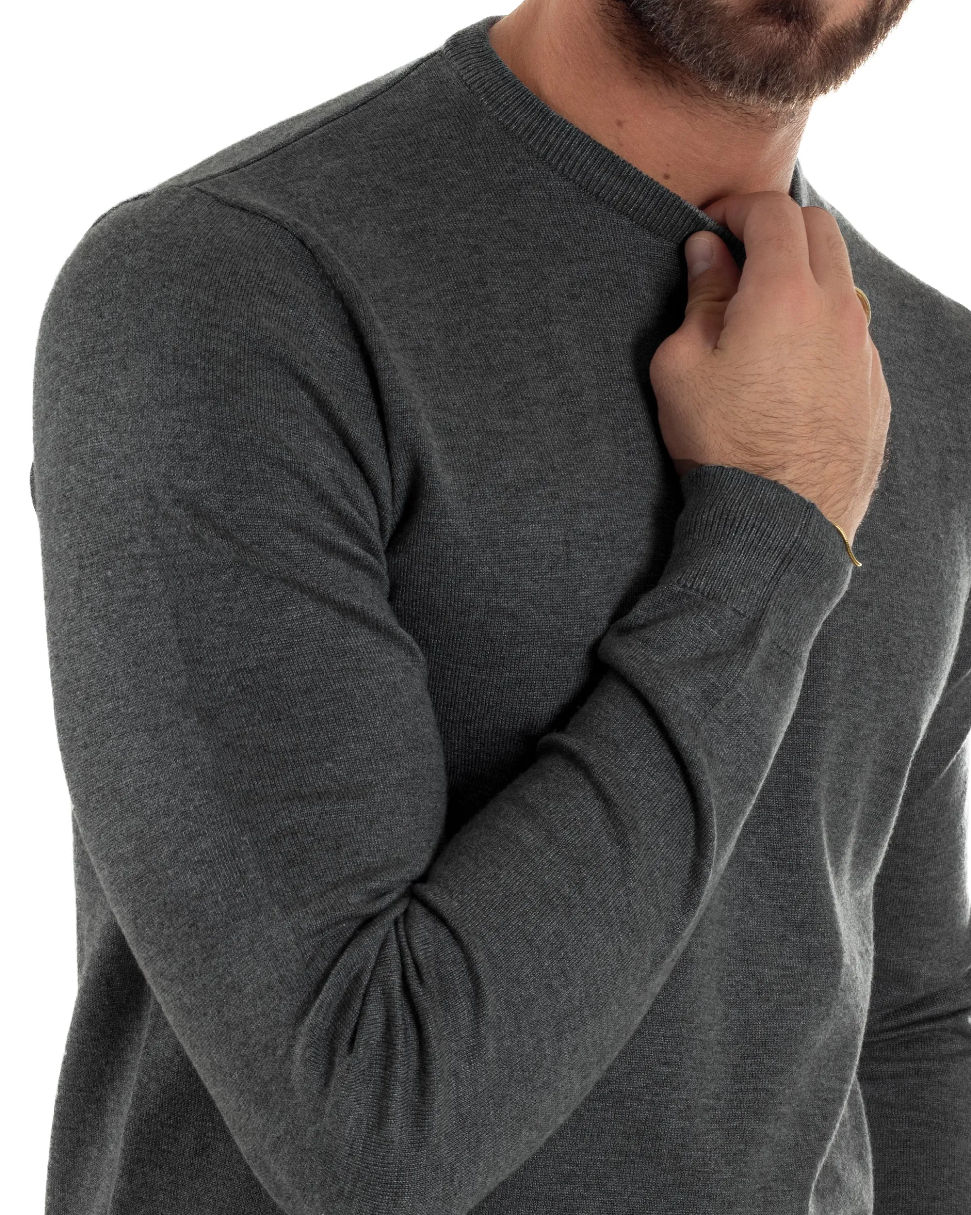 Maglioncino Uomo Girocollo Maglia Rasata Basic Grigio Scuro M2500A