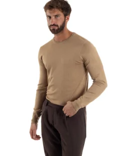 Maglioncino Uomo Girocollo Maglia Rasata Basic Camel M2499A