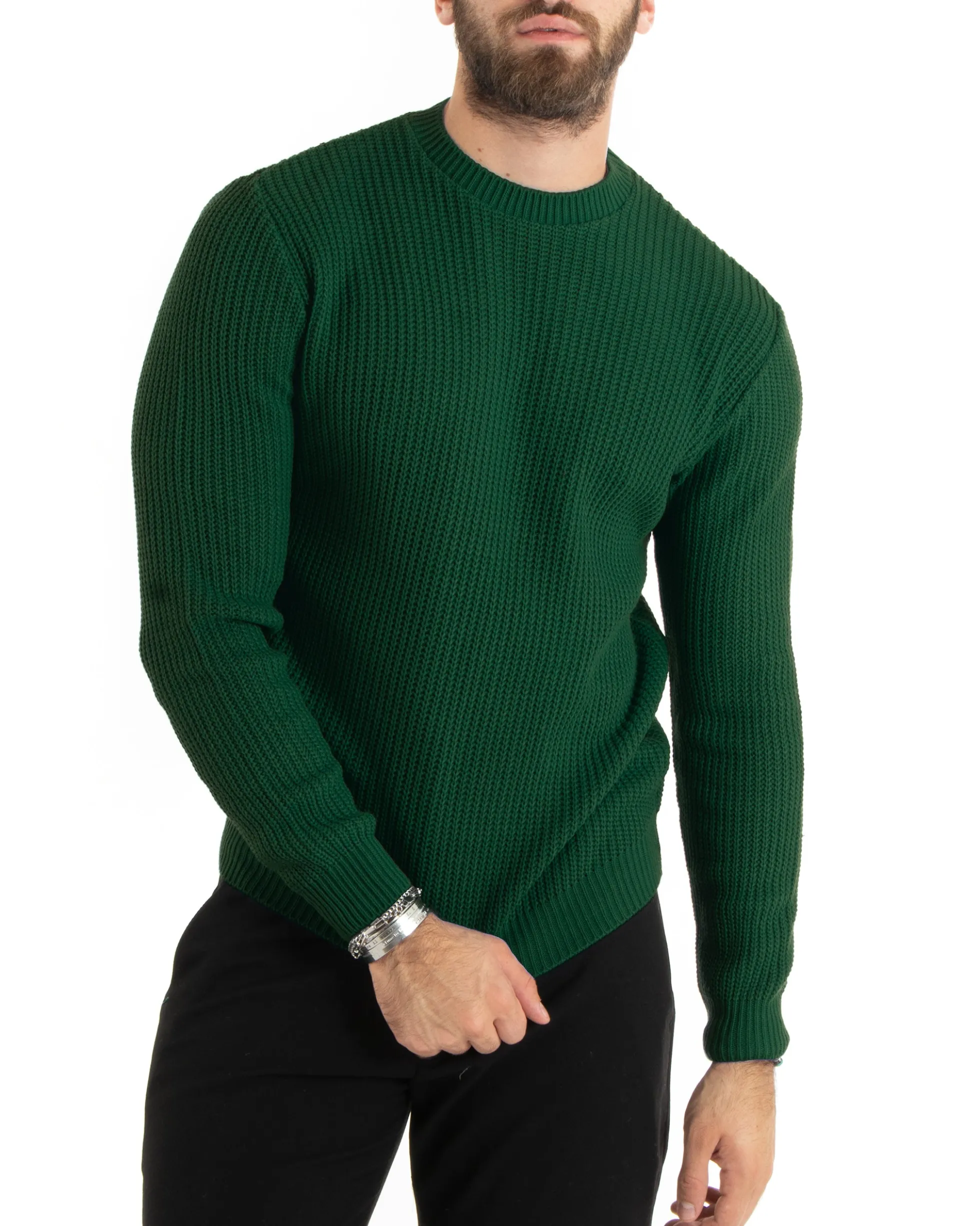 Maglioncino Uomo Girocollo Maglia Inglese Basic Verde Bottiglia M2755A