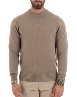 Maglioncino Uomo Girocollo Maglia Inglese Maglione Morbido Basic Tinta Unita Beige GIOSAL-M2937A
