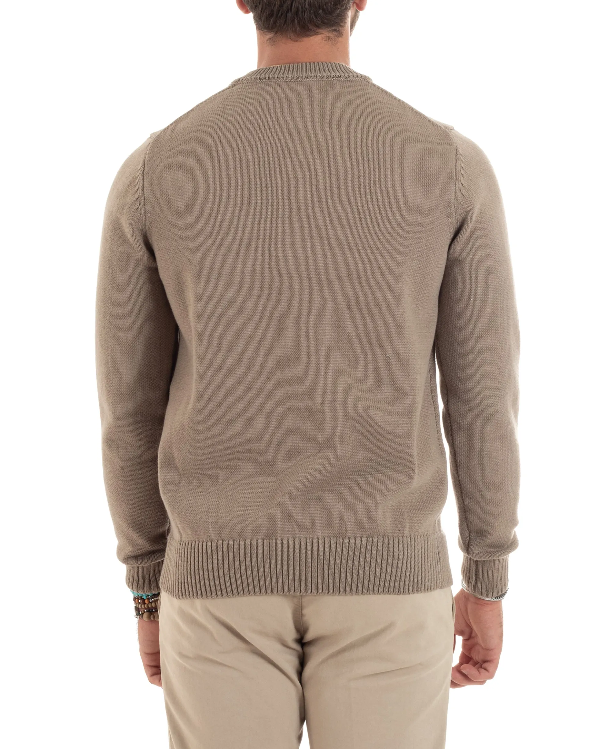 Maglioncino Uomo Girocollo Maglia Inglese Maglione Morbido Basic Tinta Unita Beige GIOSAL-M2937A