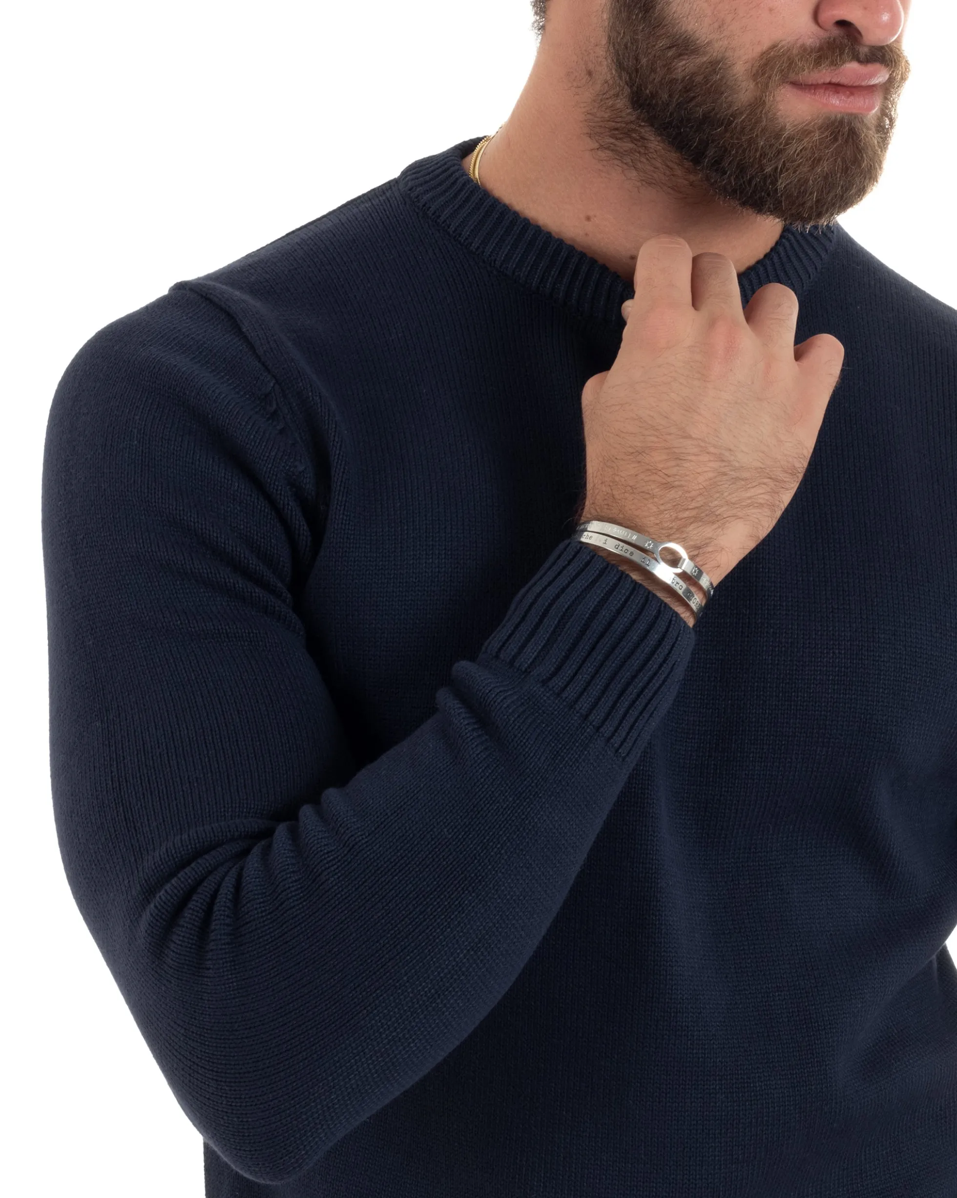 Maglioncino Uomo Girocollo Maglia Inglese Maglione Morbido Basic Tinta Unita Blu GIOSAL-M2938A
