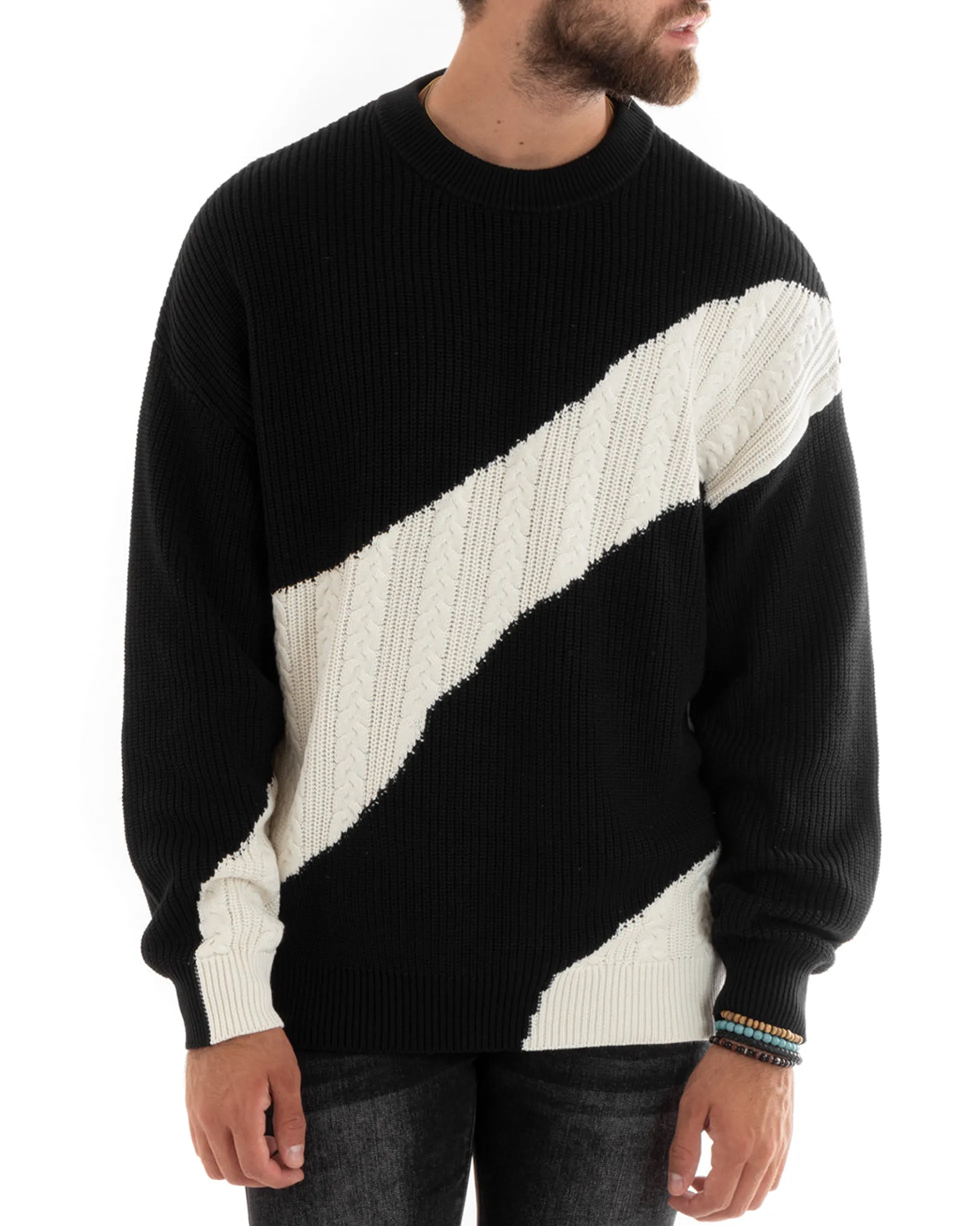 Maglioncino Uomo Girocollo Maglia Inglese Trecce Maglione Over Bicolore Nero GIOSAL-M2696A