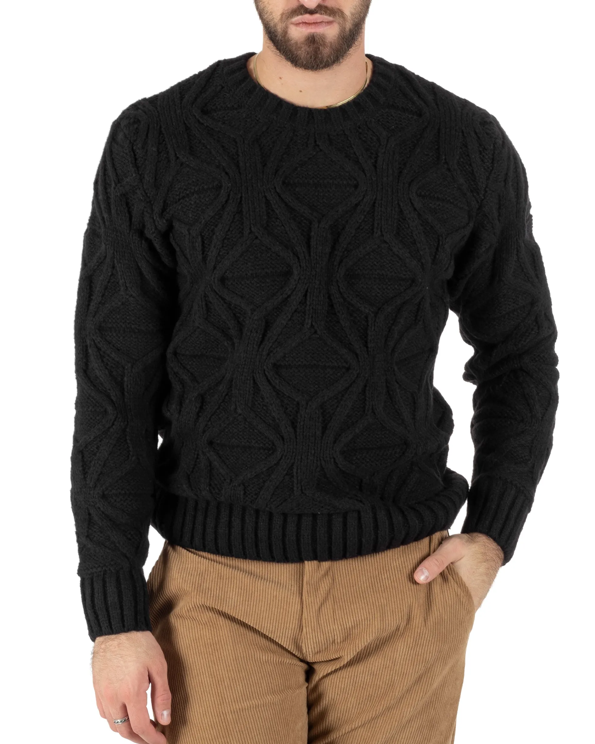 Maglioncino Uomo Girocollo Maglia Inglese Maglione Trecce Rombi Nero GIOSAL-M2789A