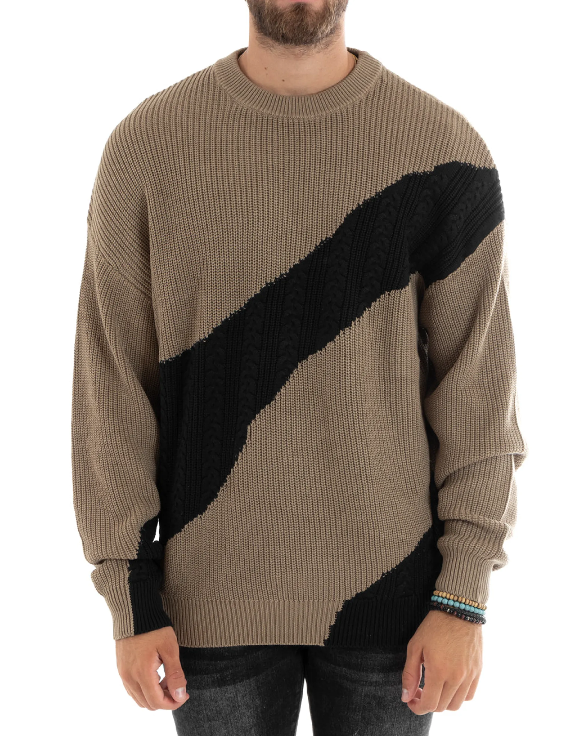 Maglioncino Uomo Girocollo Maglia Inglese Trecce Maglione Over Bicolore Beige GIOSAL-M2697A