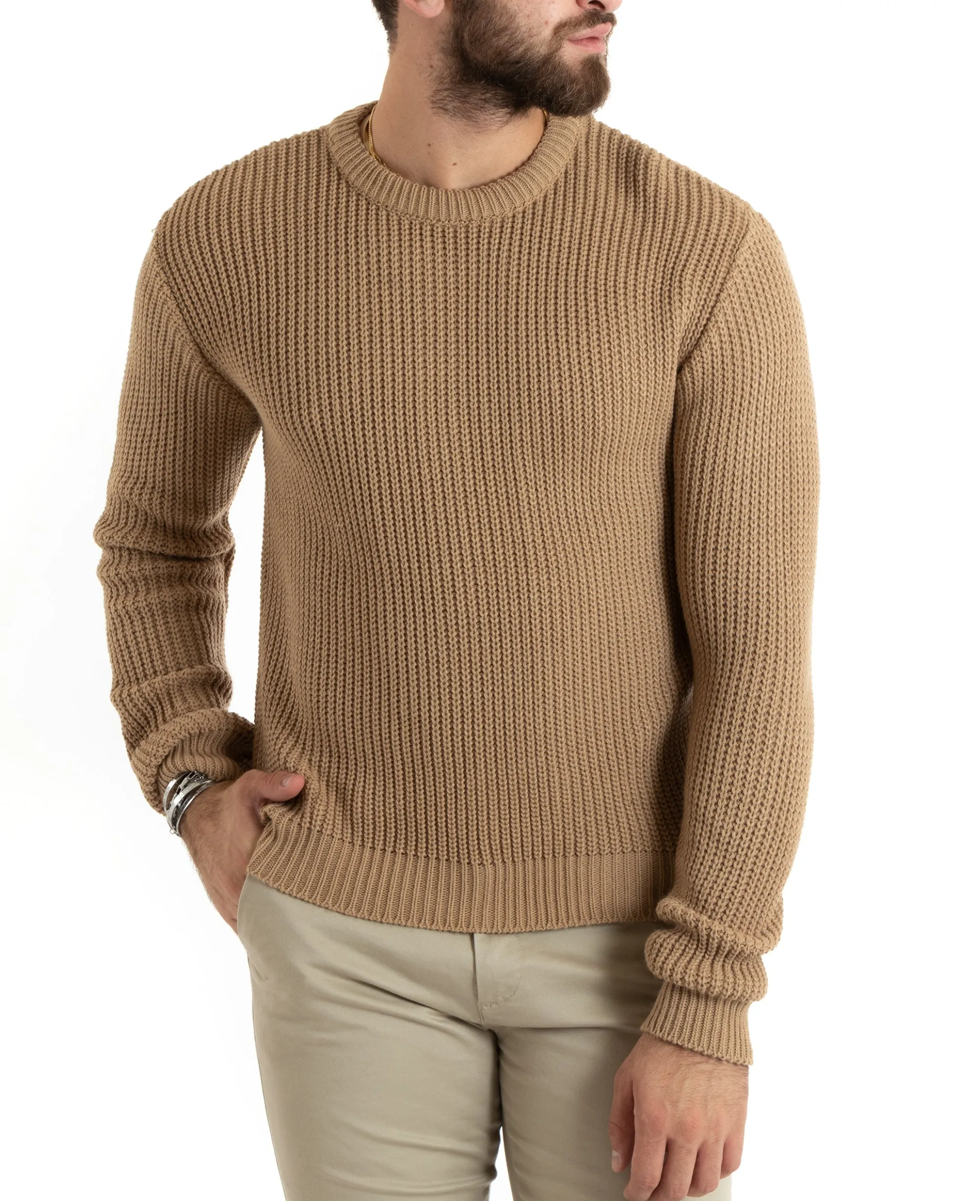 Maglioncino Uomo Girocollo Maglia Inglese Basic Camel M2756A