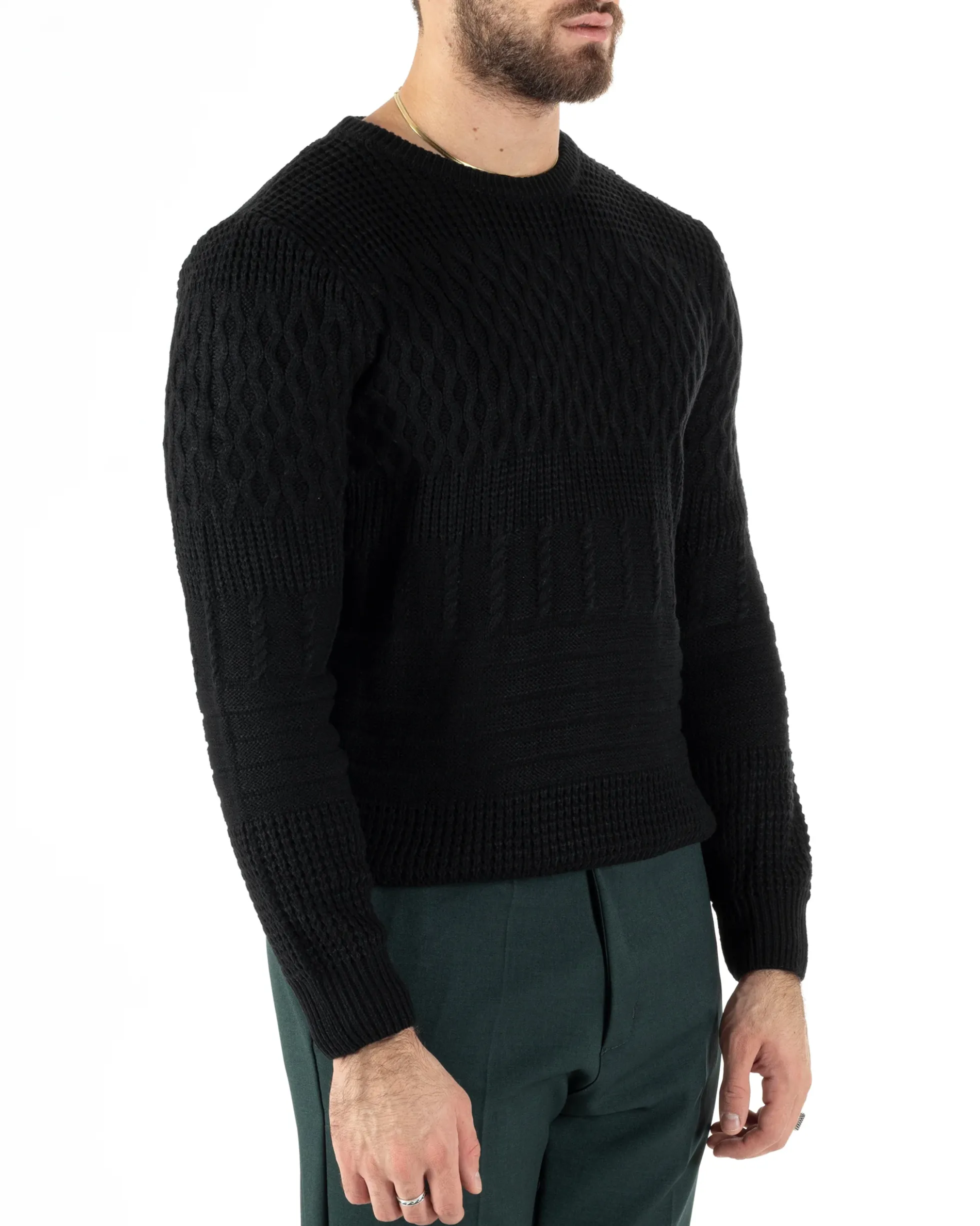 Maglioncino Uomo Girocollo Maglia Inglese Trecce Nero GIOSAL-M2786A