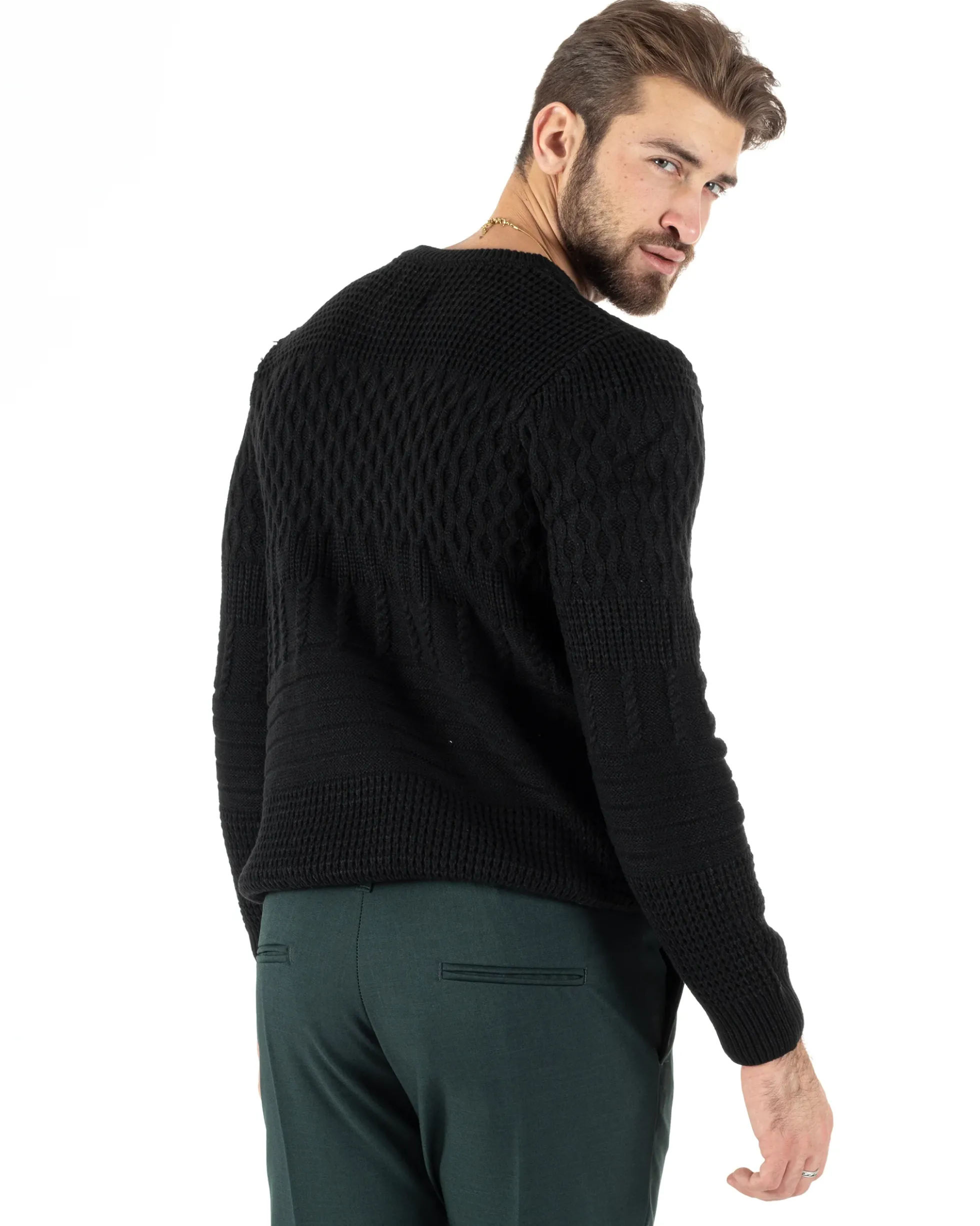 Maglioncino Uomo Girocollo Maglia Inglese Trecce Nero GIOSAL-M2786A