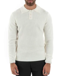 Maglioncino Uomo Maglia Inglese Casual Bottoni Polo Maniche Lunghe Tinta Unita Bianco GIOSAL-M2854A