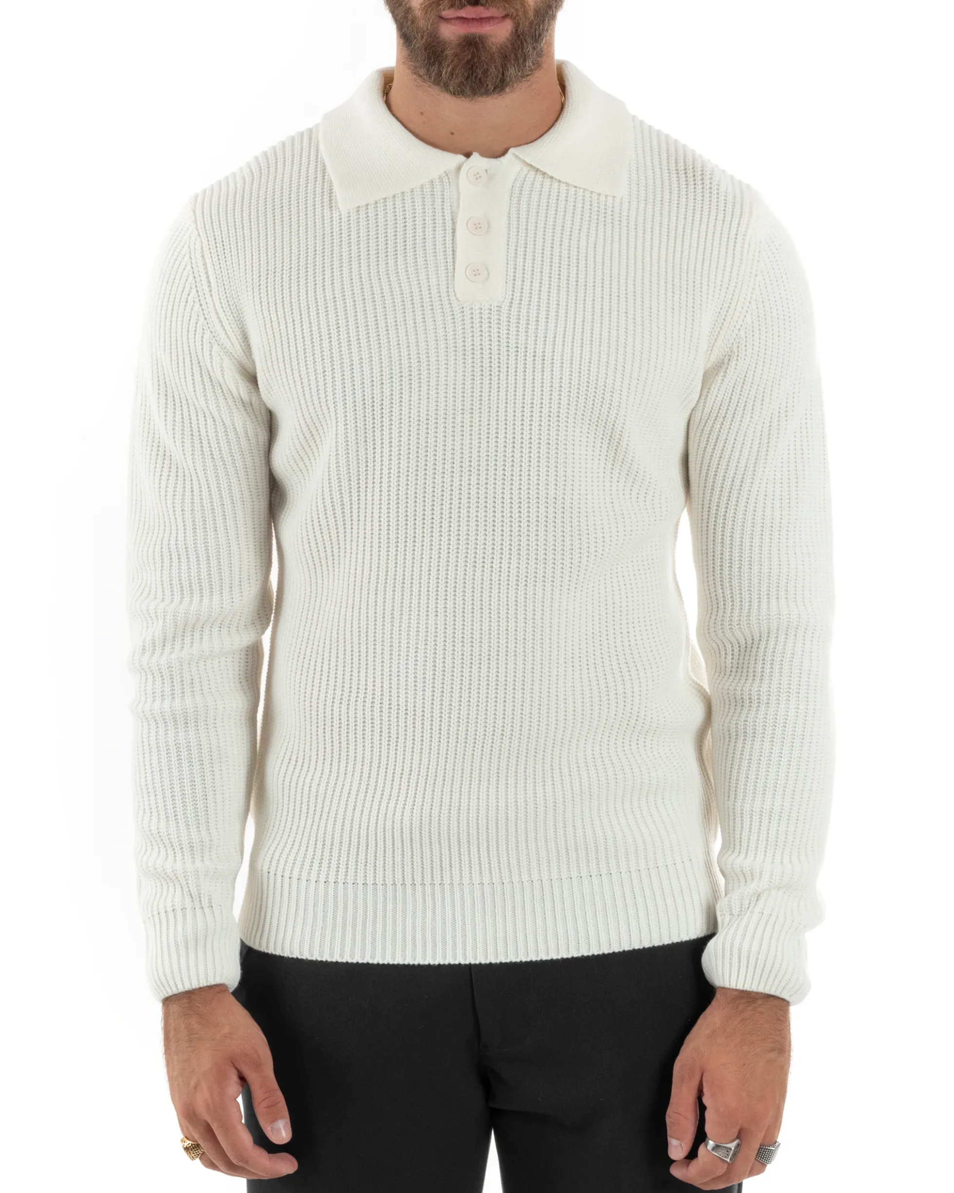 Maglioncino Uomo Maglia Inglese Casual Bottoni Polo Maniche Lunghe Tinta Unita Bianco GIOSAL-M2854A