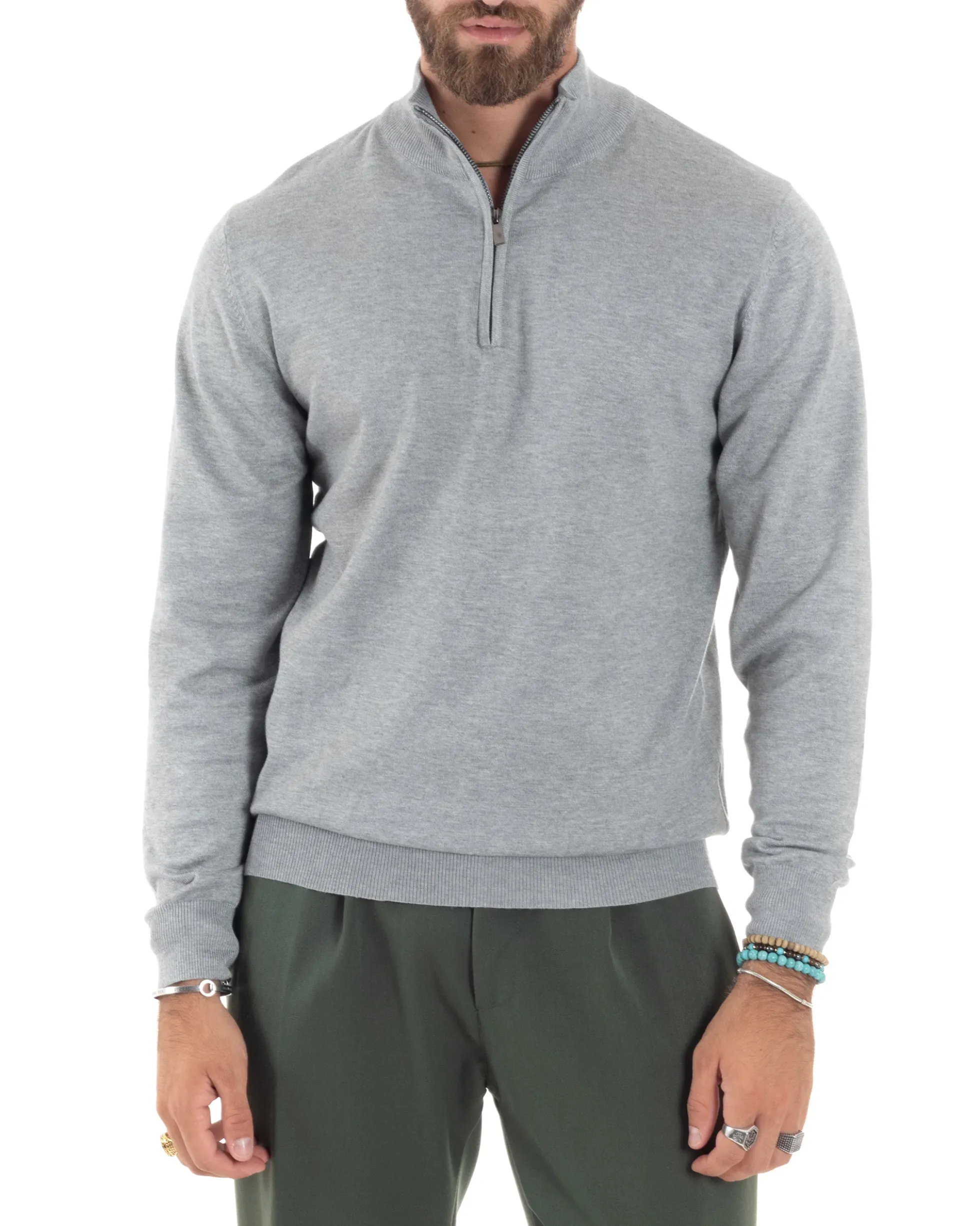 Maglioncino Uomo Maglia Maniche Lunghe Rasata Basic Pullover Mezza Zip Tinta Unita Grigio GIOSAL-M2841A