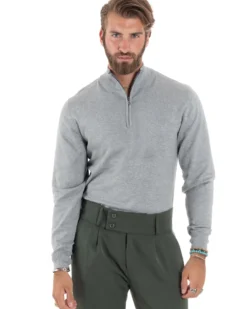 Maglioncino Uomo Maglia Maniche Lunghe Rasata Basic Pullover Mezza Zip Tinta Unita Grigio GIOSAL-M2841A