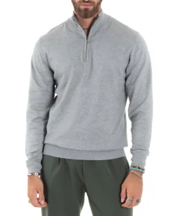 Maglioncino Uomo Maglia Maniche Lunghe Rasata Basic Pullover Mezza Zip Tinta Unita Grigio GIOSAL-M2841A