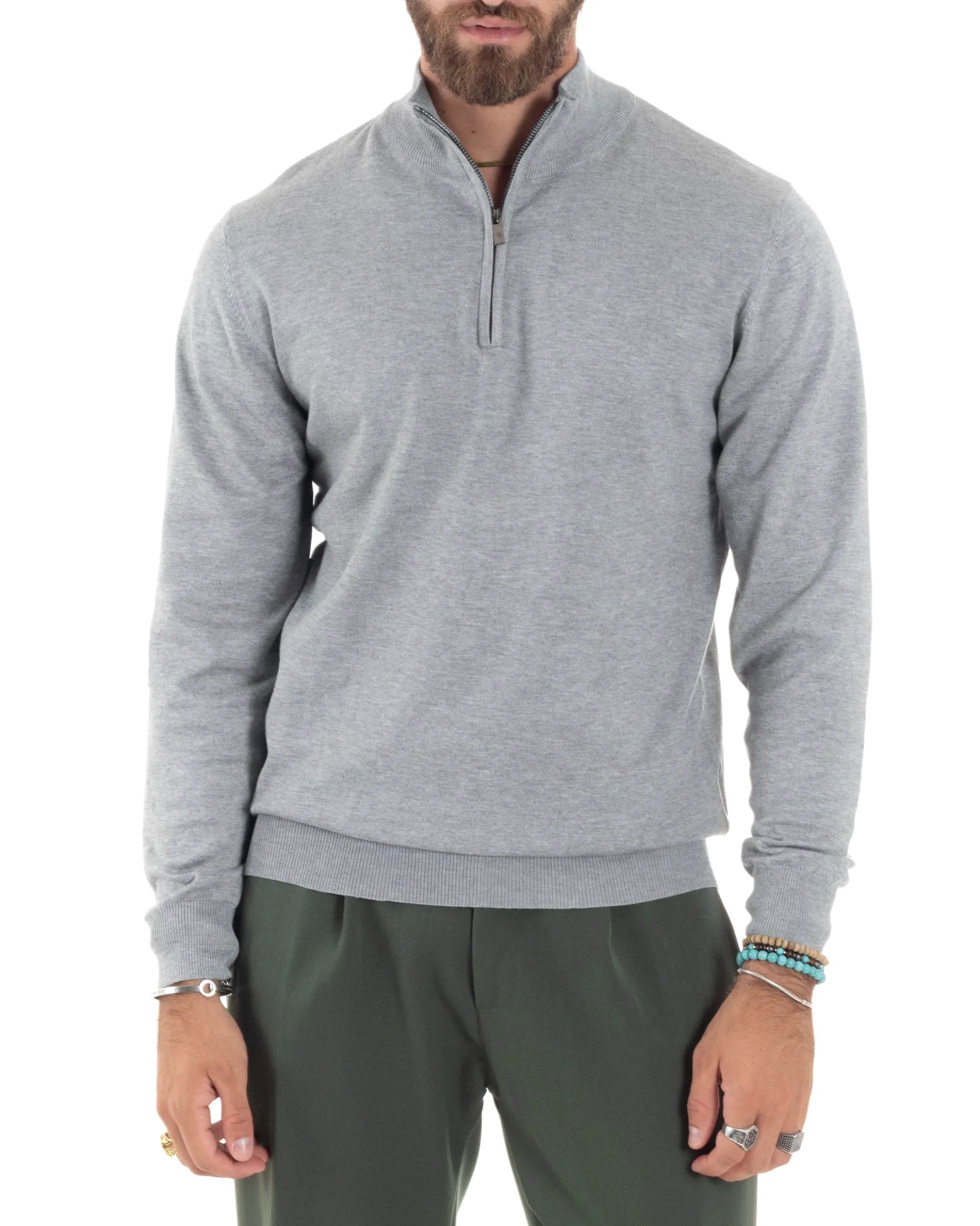 Maglioncino Uomo Maglia Maniche Lunghe Rasata Basic Pullover Mezza Zip Tinta Unita Grigio GIOSAL-M2841A