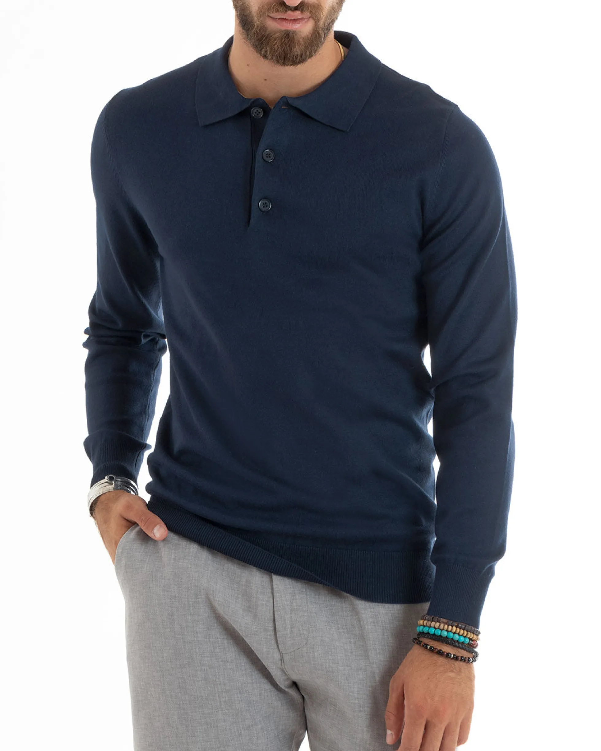 Maglioncino Uomo Maglia Polo Basic Filo Cotone Blu M2985A
