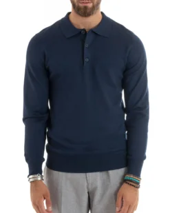 Maglioncino Uomo Maglia Polo Basic Filo Cotone Blu M2985A