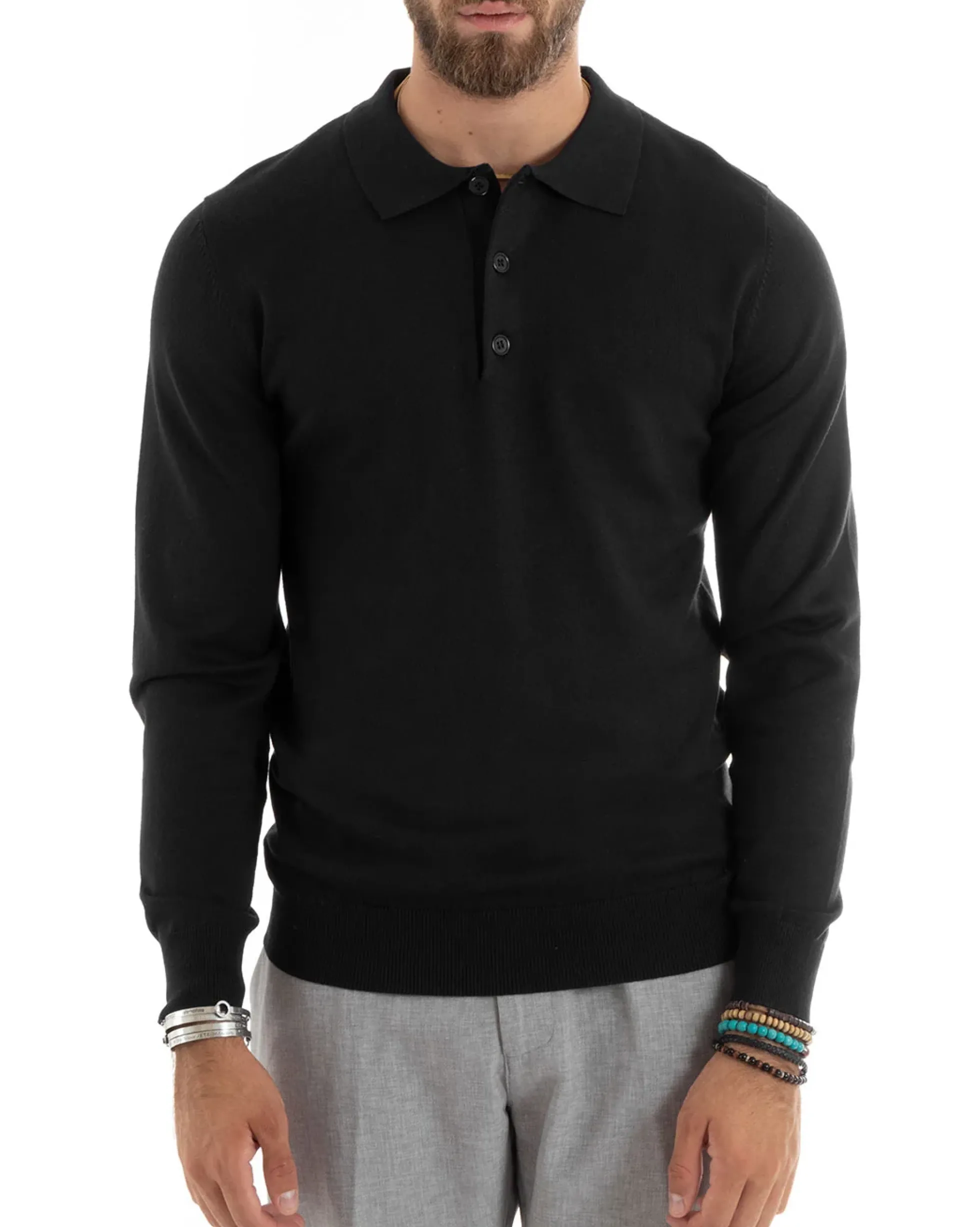 Maglioncino Uomo Maglia Polo Basic Filo Cotone Nero M2983A