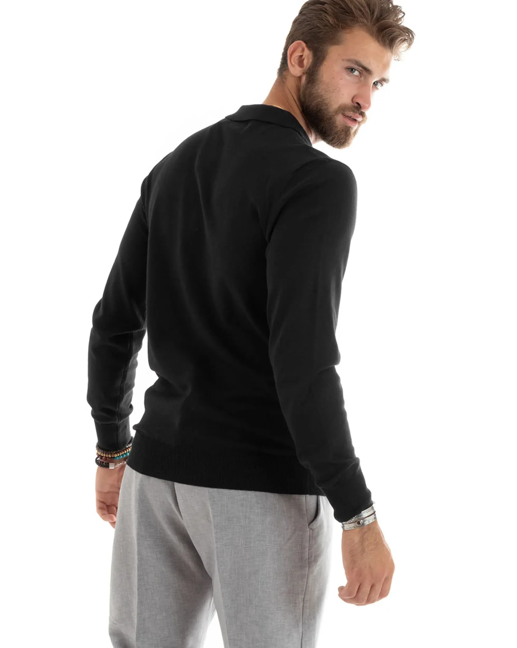 Maglioncino Uomo Maglia Polo Basic Filo Cotone Nero M2983A