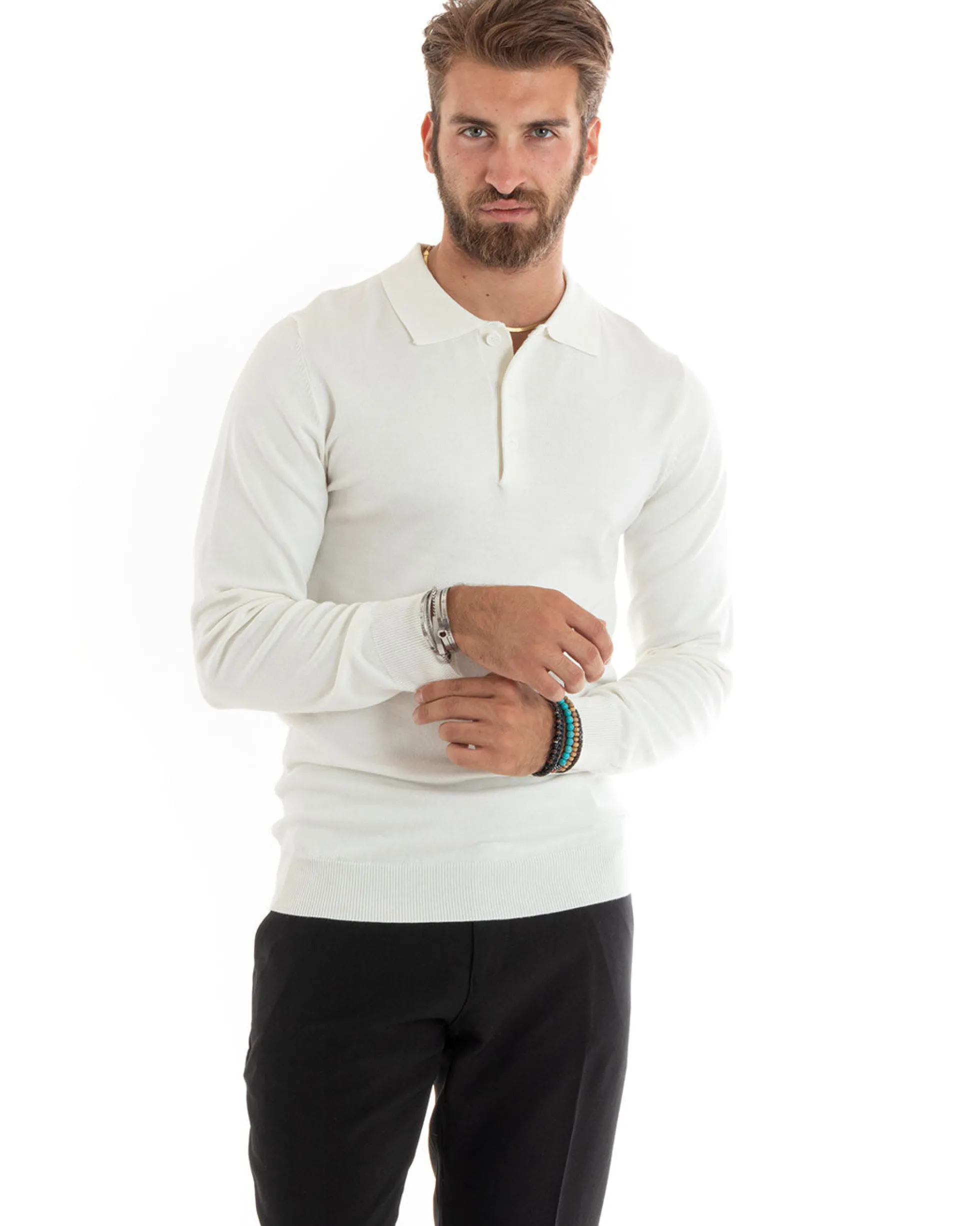 Maglioncino Uomo Maglia Polo Basic Filo Cotone Bianco M2984A