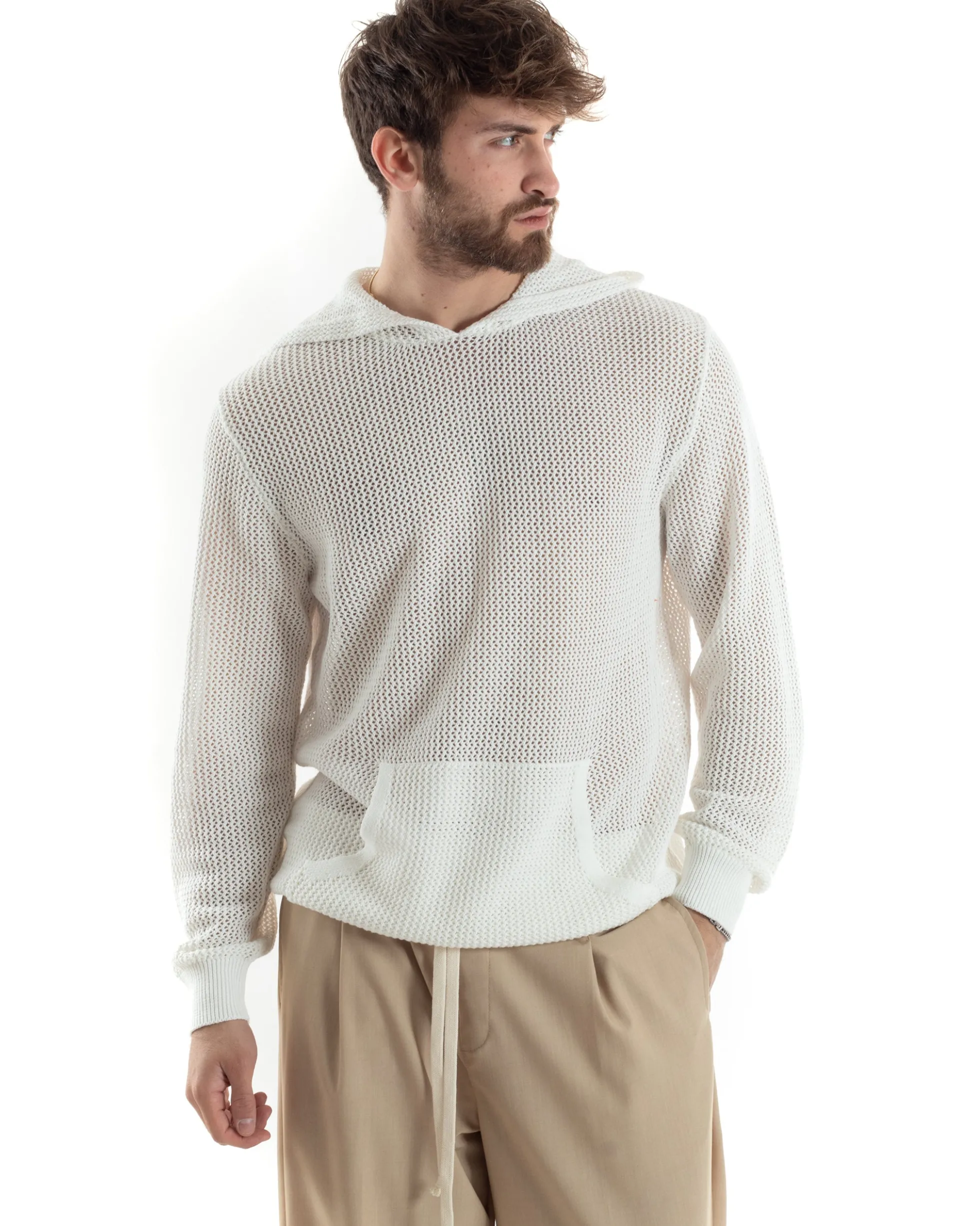 Maglioncino Uomo Traforato Con Cappuccio Maglia Bucata Tinta Unita Bianco GIOSAL-M2834A