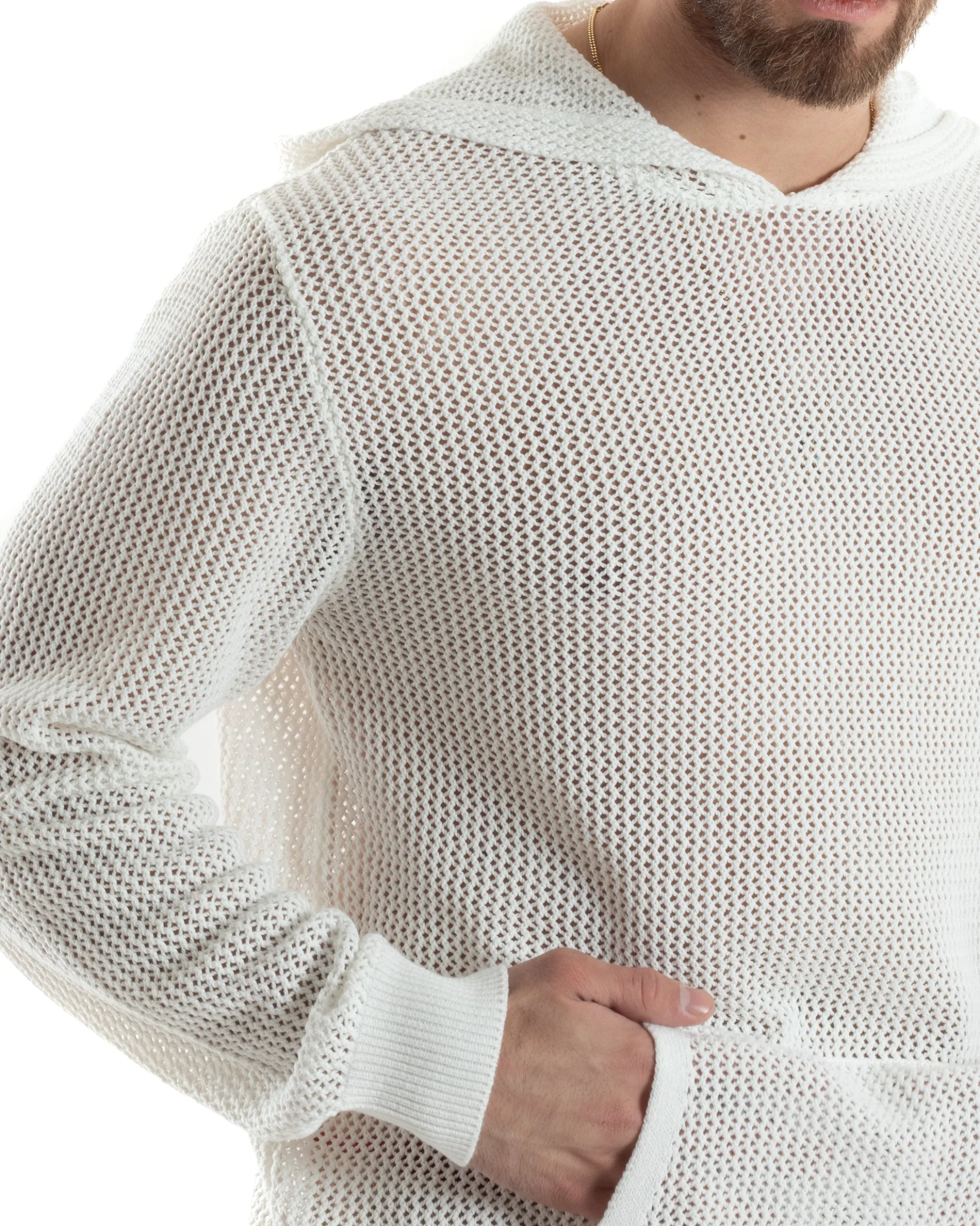 Maglioncino Uomo Traforato Con Cappuccio Maglia Bucata Tinta Unita Bianco GIOSAL-M2834A