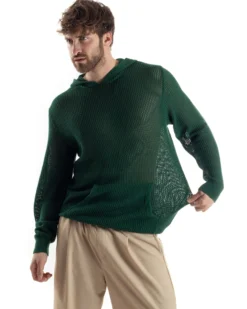 Maglioncino Uomo Traforato Con Cappuccio Maglia Bucata Tinta Unita Verde GIOSAL-M2835A
