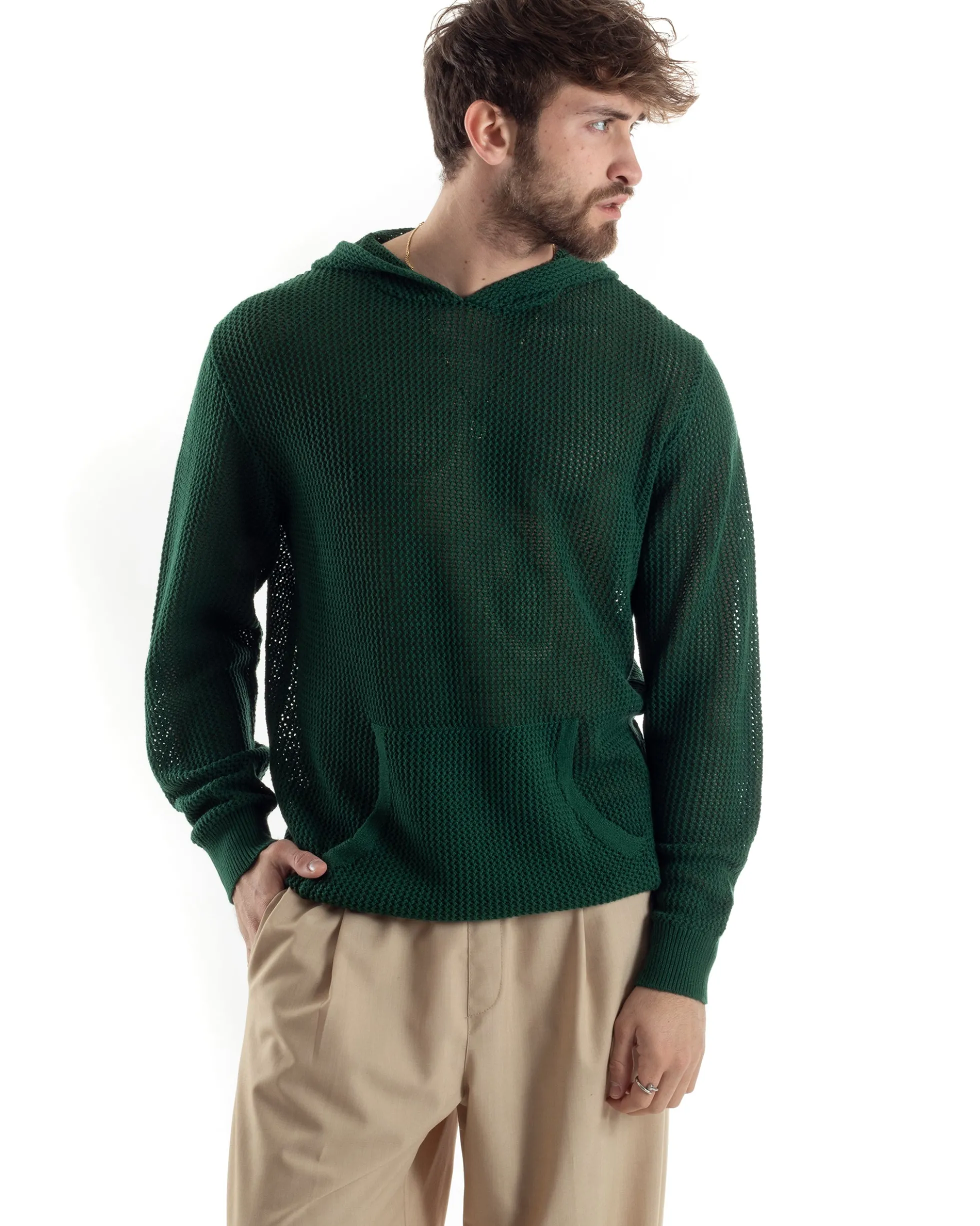 Maglioncino Uomo Traforato Con Cappuccio Maglia Bucata Tinta Unita Verde GIOSAL-M2835A