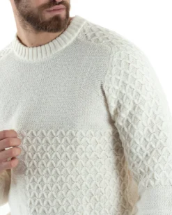 Maglione Intrecciato Uomo Girocollo Con Trecce Maglia Maglioncino Panna GIOSAL-M2795A