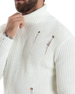 Maglione Uomo Collo Alto Con Rotture Lana Maglia Inglese Maglioncino Caldo Pullover Casual Comodo Bianco GIOSAL-M2931A