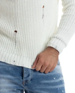 Maglione Uomo Collo Alto Con Rotture Lana Maglia Inglese Maglioncino Caldo Pullover Casual Comodo Bianco GIOSAL-M2931A