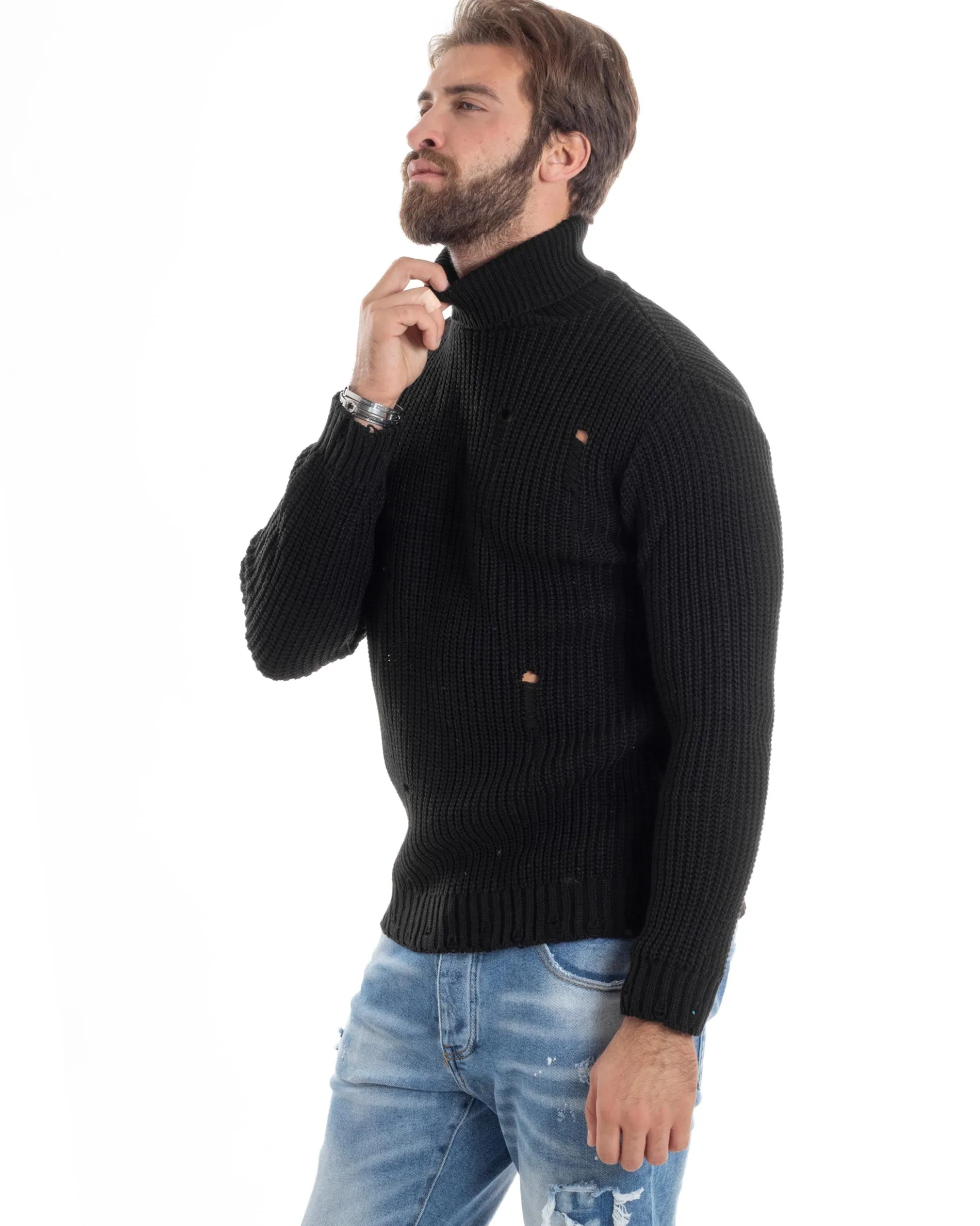 Maglione Uomo Collo Alto Con Rotture Lana Maglia Inglese Maglioncino Caldo Pullover Casual Comodo Nero GIOSAL-M2929A