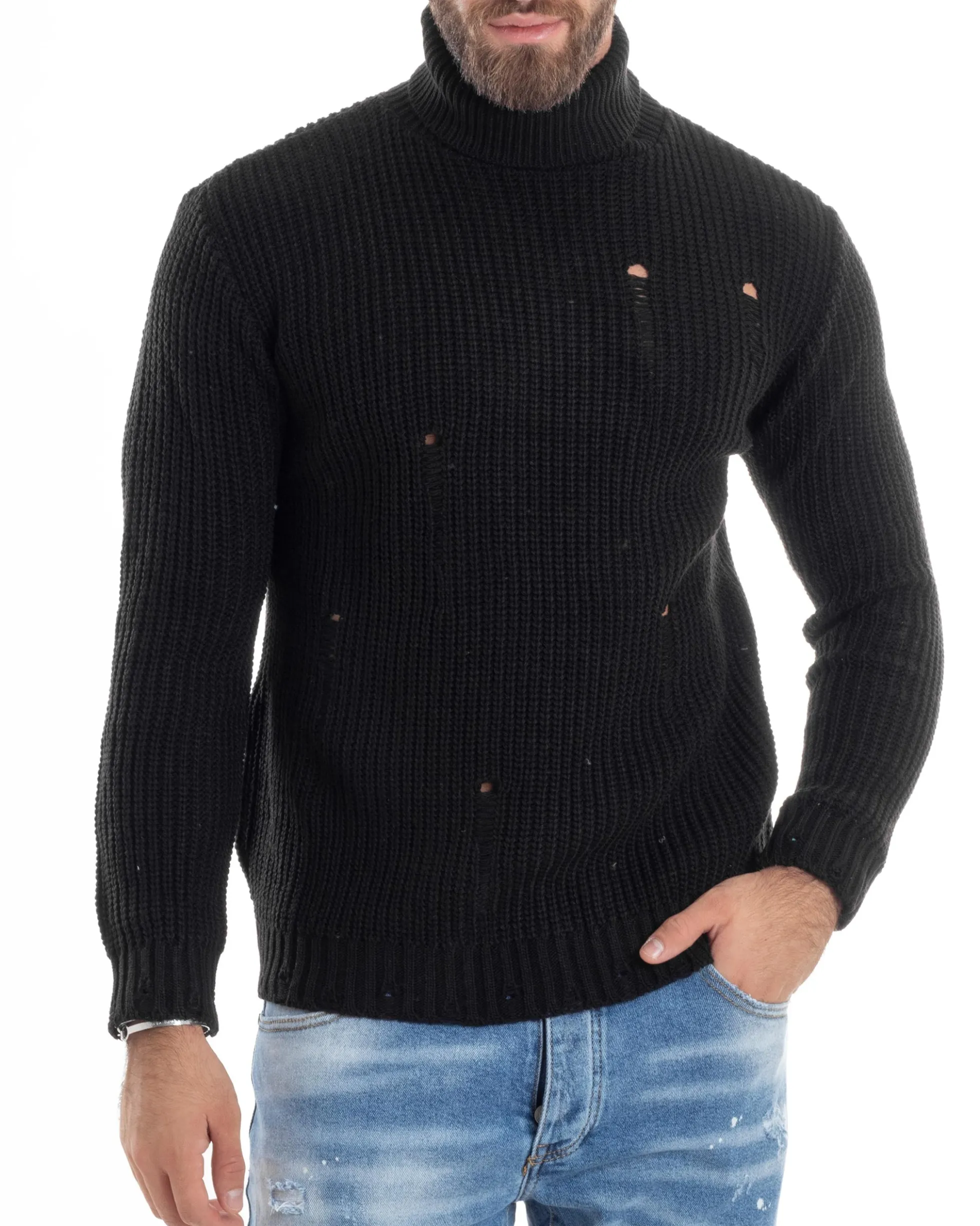 Maglione Uomo Collo Alto Con Rotture Lana Maglia Inglese Maglioncino Caldo Pullover Casual Comodo Nero GIOSAL-M2929A