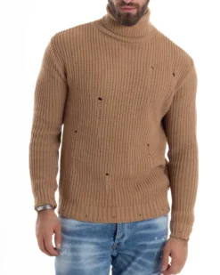 Maglione Uomo Collo Alto Con Rotture Lana Maglia Inglese Maglioncino Caldo Pullover Casual Comodo Camel GIOSAL-M2930A