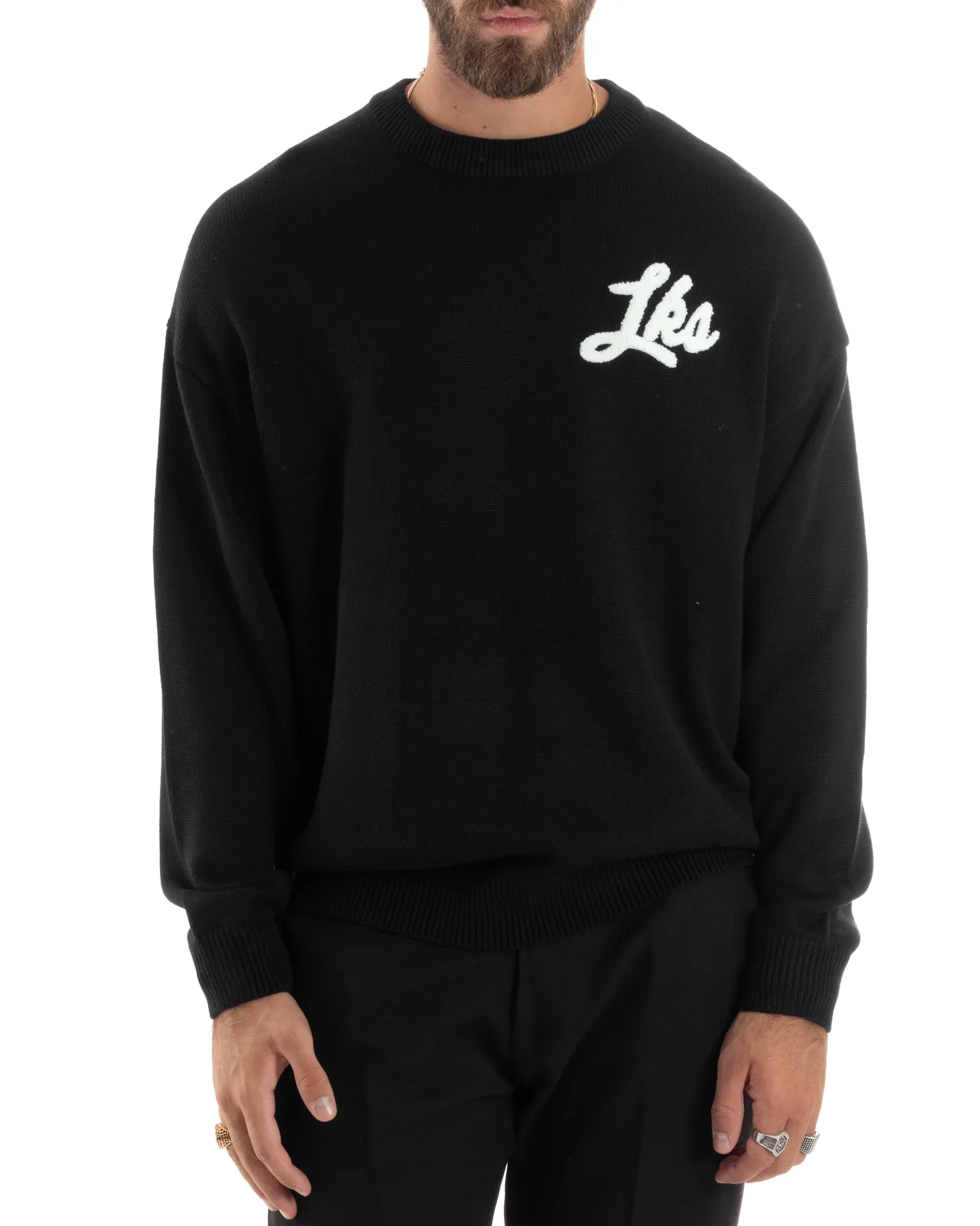 Maglione Uomo Girocollo Con Ricamo Teddy Caldo Cotone Maglia Maniche Lunghe Oversize Comoda Casual Bicolore Nero GIOSAL-M2867A