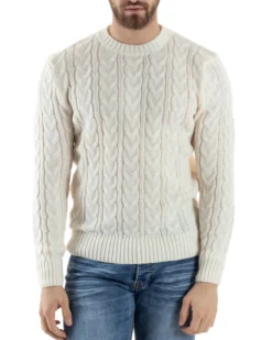 Maglione Uomo Girocollo Con Trecce Maglia Intrecciata Panna M2801A