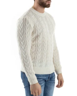 Maglione Uomo Girocollo Con Trecce Maglia Intrecciata Panna M2801A