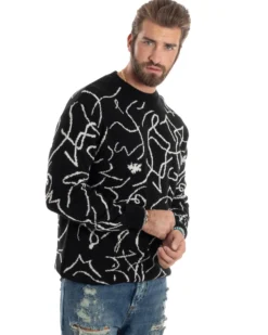 Maglione Uomo Girocollo Maglia Fantasia Righe Pullover Caldo Morbido Casual Bicolore Nero GIOSAL-M2944A