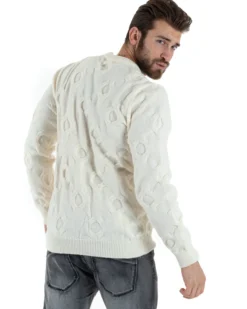 Maglione Uomo Girocollo Maglia Maglioncino Intrecciato Cerchi Panna GIOSAL-M2799A