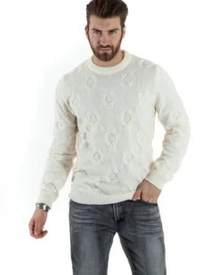 Maglione Uomo Girocollo Maglia Maglioncino Intrecciato Cerchi Panna GIOSAL-M2799A
