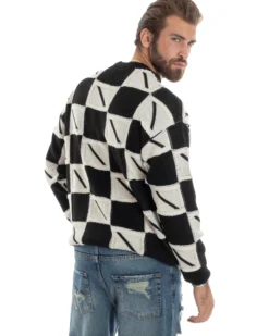Maglione Uomo Girocollo Maglia Calda Lana Fantasia Jacquard Pullover Morbido Casual Bicolore Bianco Nero GIOSAL-M2953A