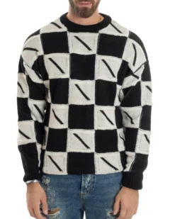 Maglione Uomo Girocollo Maglia Calda Lana Fantasia Jacquard Pullover Morbido Casual Bicolore Bianco Nero GIOSAL-M2953A