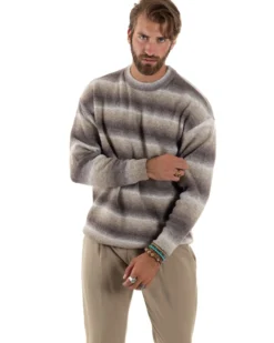 Maglione Uomo Girocollo Righe Lana Maglia Oversize Multicolor Camel M2861A