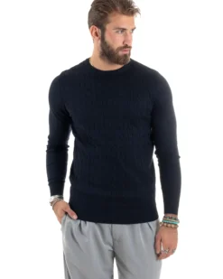Maglione Uomo Girocollo Viscosa Treccia Maglioncino Lavorato Maglia Calda Basic Maniche Lunghe Tinta Unita Casual Blu GIOSAL-M2900A