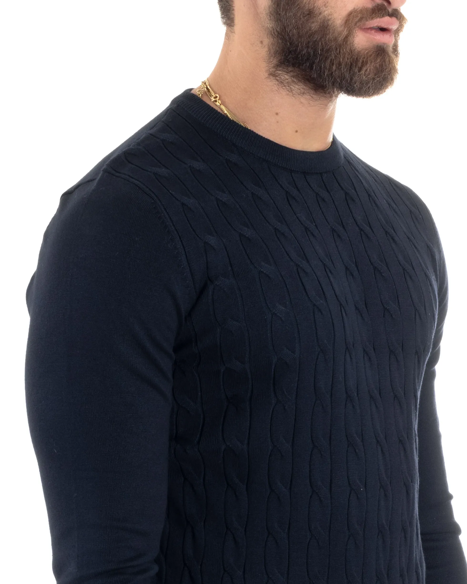 Maglione Uomo Girocollo Viscosa Treccia Maglioncino Lavorato Maglia Calda Basic Maniche Lunghe Tinta Unita Casual Blu GIOSAL-M2900A