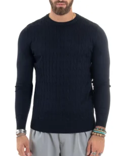 Maglione Uomo Girocollo Viscosa Treccia Maglioncino Lavorato Maglia Calda Basic Maniche Lunghe Tinta Unita Casual Blu GIOSAL-M2900A