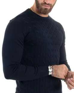 Maglione Uomo Girocollo Viscosa Treccia Maglioncino Lavorato Maglia Calda Basic Maniche Lunghe Tinta Unita Casual Blu GIOSAL-M2900A